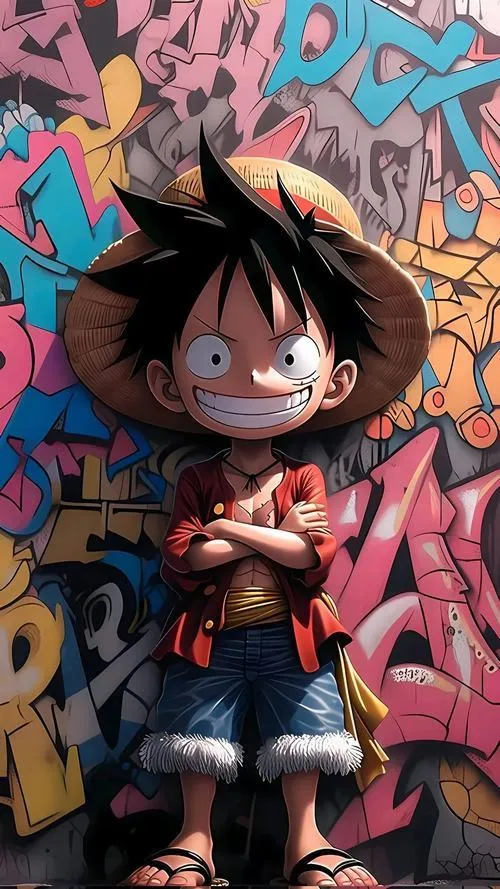 Ảnh Luffy 3D đứng trước tường graffiti, tạo dáng tự tin, màu sắc nổi bật, hợp avatar anime