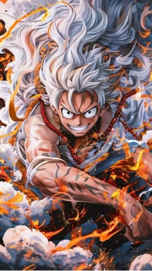 Hình nền Luffy 3 chiều tóc trắng, vệt lửa cam, da và vải rõ chi tiết, nhìn rất đã