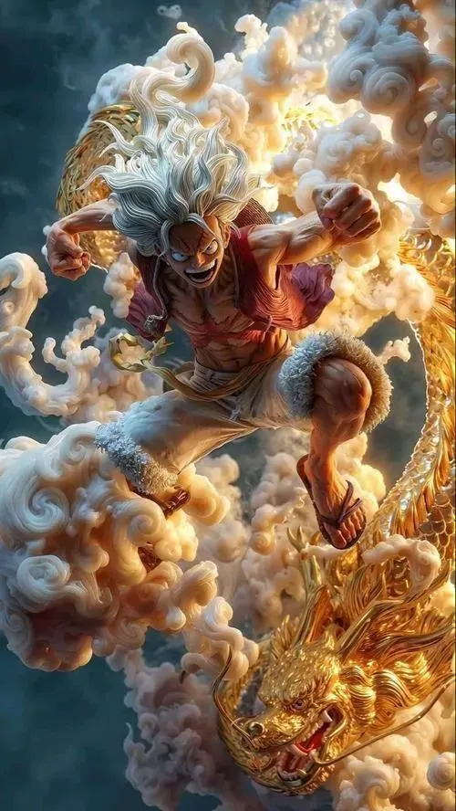 Ảnh Luffy 3D bùng khói vàng như mây lửa, bố cục đường chéo, cảm giác áp đảo 4K