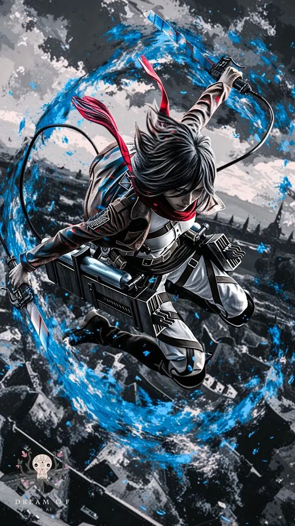 Hình nền anime Mikasa tông lạnh, điểm đỏ khăn quàng nổi bật, phản xạ Ackerman đầy quyết đoán