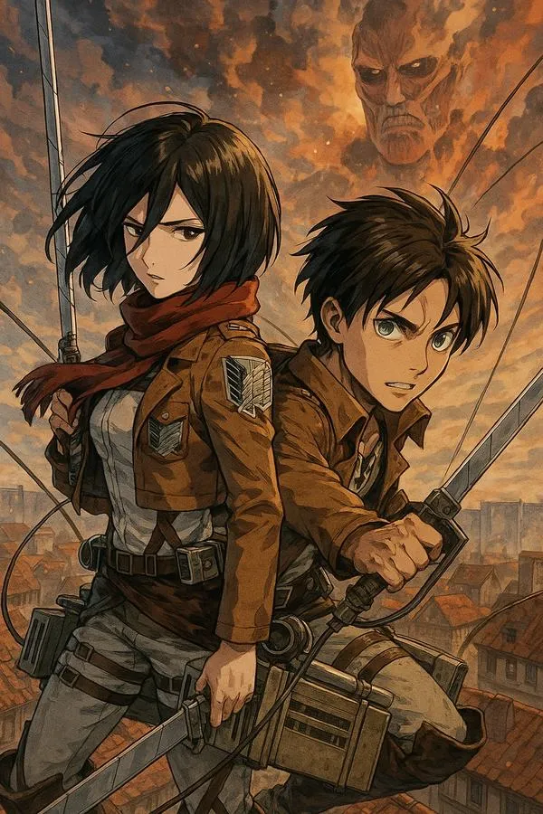 Ảnh fanart Mikasa lưỡi kiếm đôi, bộ cơ động 3D xoay người, viền sáng mạnh trên nền hoàng hôn