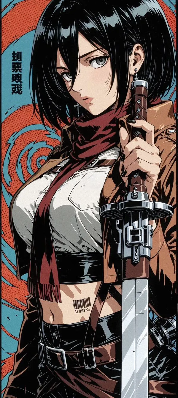 Hình Mikasa Ackerman quàng khăn đỏ, ánh mắt sâu, nền khói bụi tường thành, vibe bi kịch