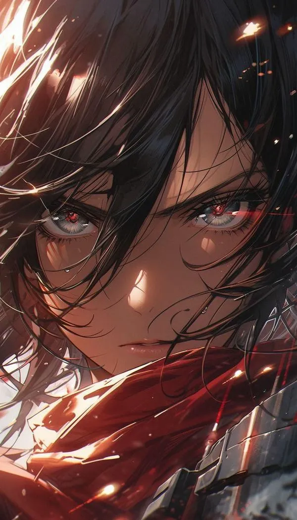 Hình nền anime Mikasa đứng trước khói, mắt sâu, im lặng nhưng toát ra quyết đoán