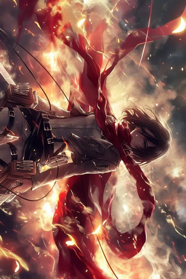 Ảnh bìa anime Mikasa ngầu, đứng chắn trước Eren, khăn quàng đỏ nổi bật giữa nền bụi mù