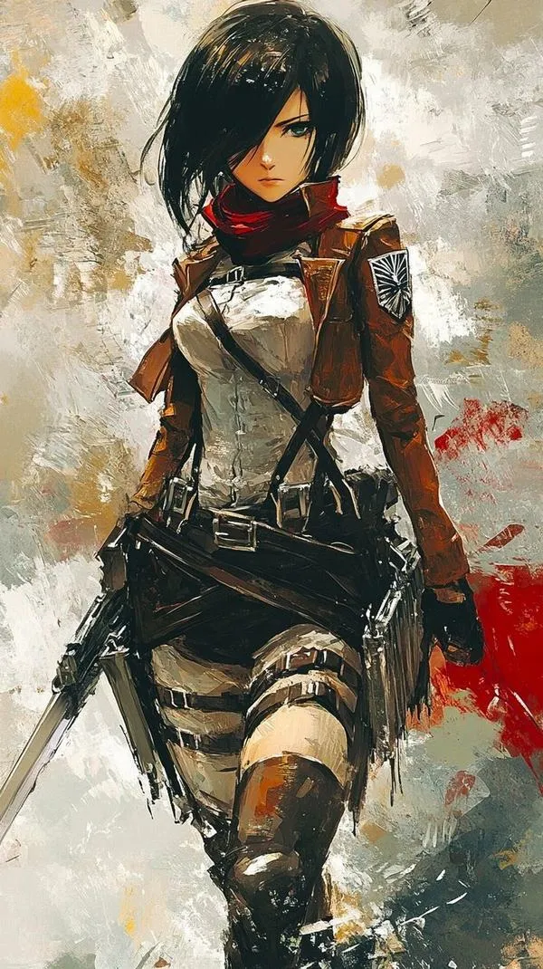 Ảnh nền Mikasa tóc ngắn, đồng phục Trinh sát đoàn, tư thế chắn trước Eren giữa chiến trường xám