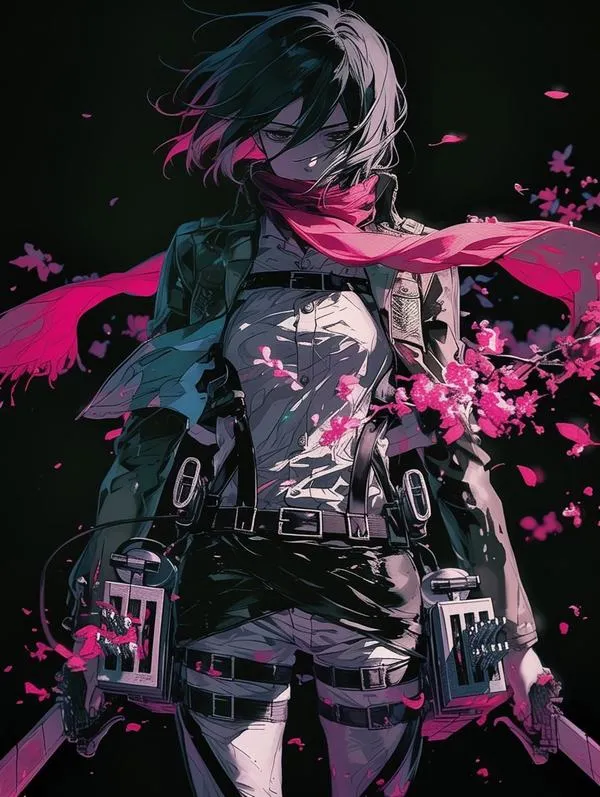 Ảnh nền Mikasa đối lập lạnh và ấm, mắt sâu kiên định, khăn quàng đỏ giữ lời hứa