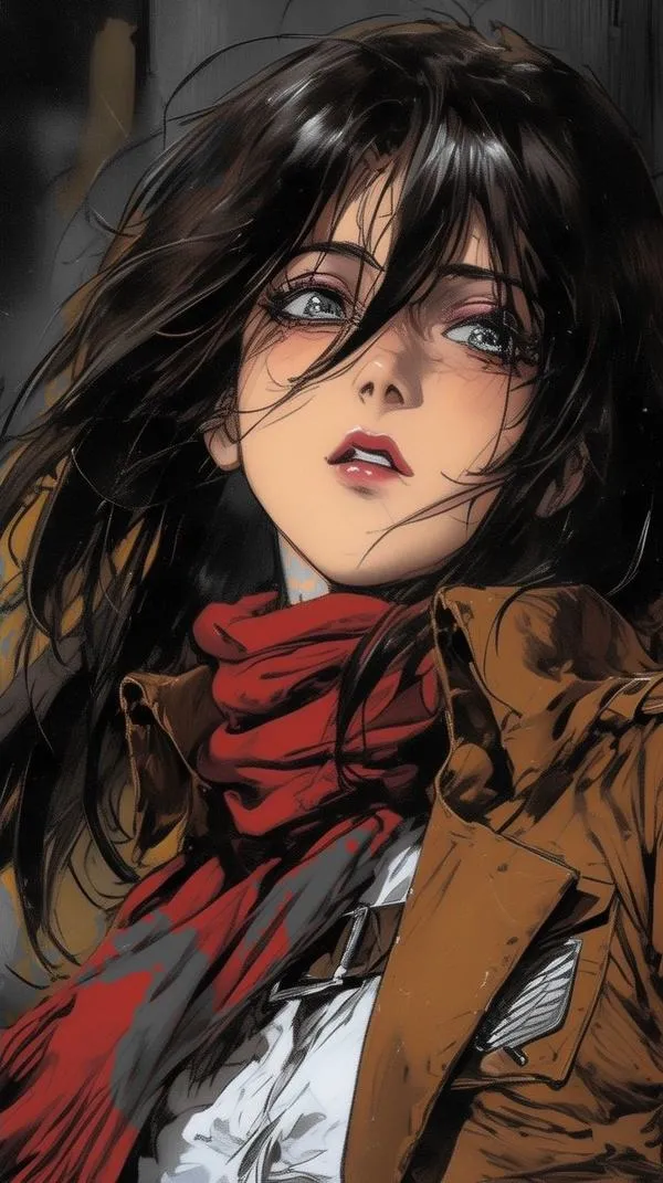 Ảnh fanart đẹp Mikasa cầm lưỡi kiếm đôi, ánh sáng viền, nền xám lạnh đầy dư âm