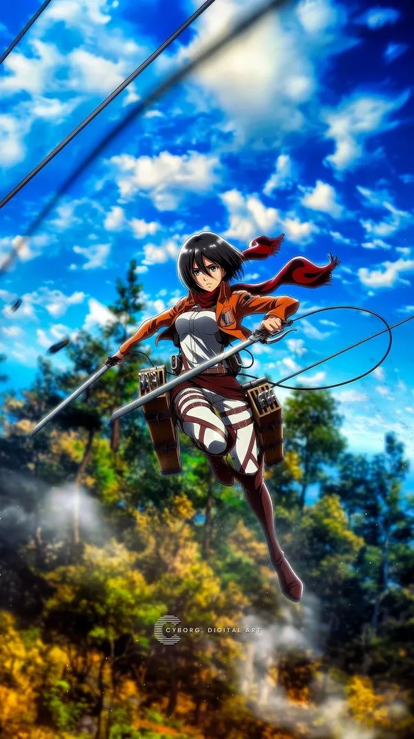 Ảnh anime Mikasa đứng thẳng, vai chắc, nền xám lạnh, cảm giác cô độc nhưng kiên định