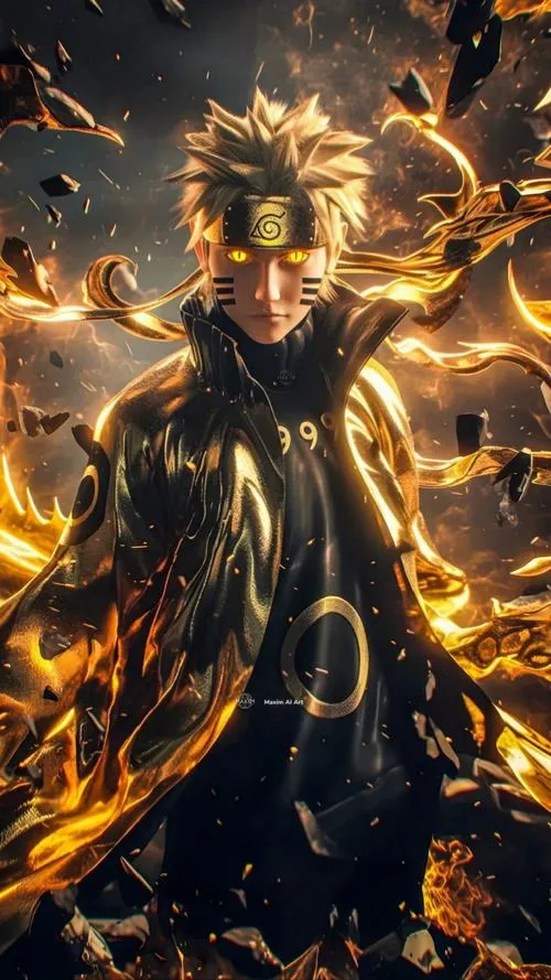 Hình Jinchuuriki Cửu Vỹ dáng đứng thẳng, ánh vàng bốc lên như lửa, nền tối làm nổi khí chất thủ lĩnh.