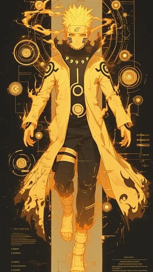 Hình nền Jinchuuriki Cửu Vỹ phong cách Lục Đạo, họa tiết chakra sau lưng, ánh sáng sạch và cực kỳ nổi bật.