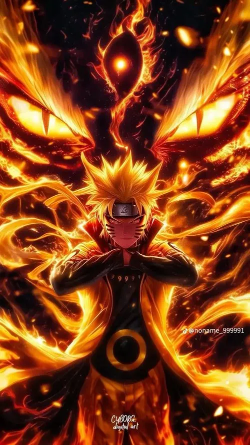 Ảnh Fanart bóng Kurama phủ sau lưng, luồng năng lượng nóng dày, nhìn vào thấy áp lực liền.