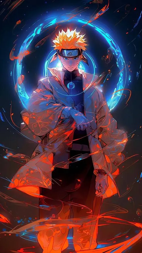 Hình đẹp Jinchuuriki Cửu Vỹ tạo thế thủ, ánh vàng quấn quanh tay, băng trán nổi bật giữa nền tối sâu.