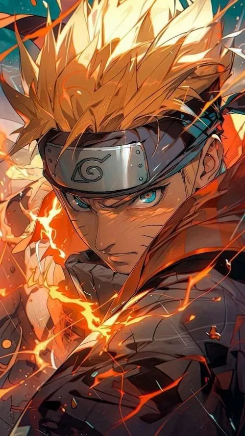 Ảnh 4K Jinchuuriki Cửu Vỹ đứng trong lớp chakra xanh đỏ, ánh viền sắc nét, thần thái lạnh mà chắc.