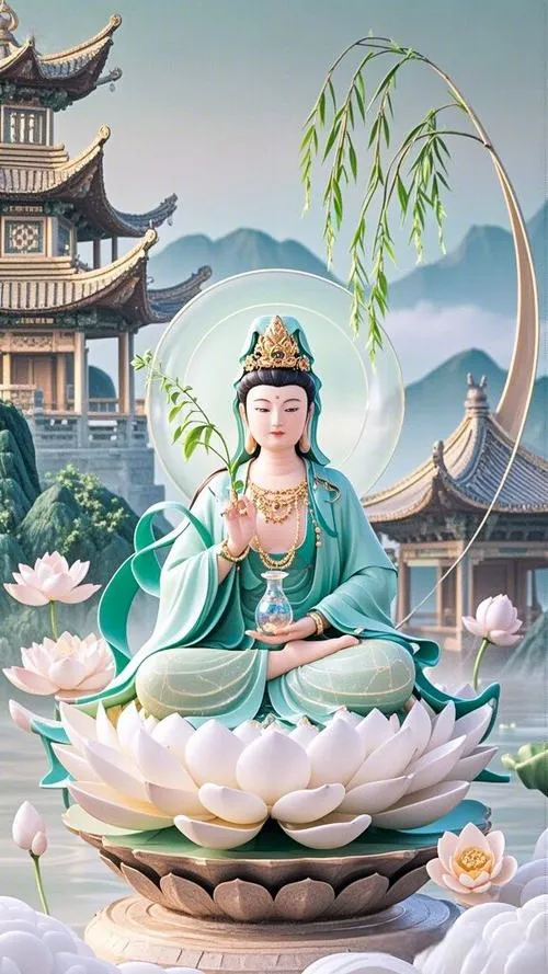 Hình Quán Thế Âm giữa Nền mây trong Không gian thiền
