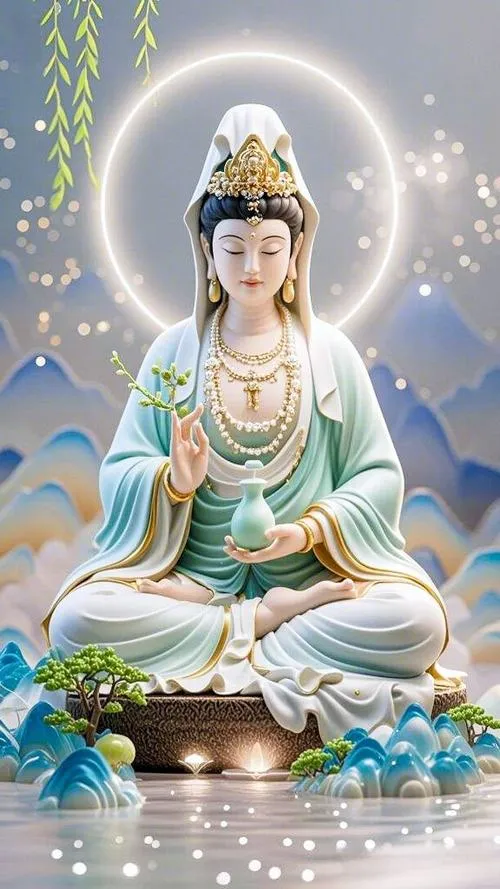 Từ Hàng Đạo Nhân tỏa hào quang rực nhẹ trên nền