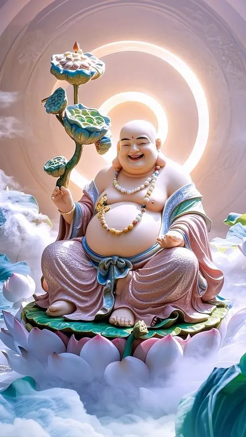 Phối ảnh Phật A Di Đà cùng tranh Di Lặc tạo điểm nhấn hài hòa