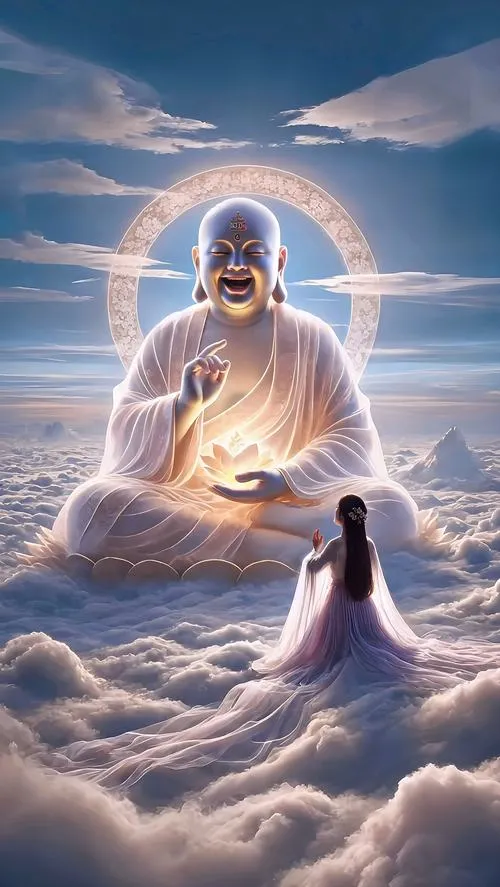 Chọn tranh Di Lặc nền mây lành cho góc làm việc nhẹ nhàng