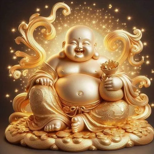 Bố cục Phật Di Lặc cùng thỏi vàng và đồng tiền rạng rỡ