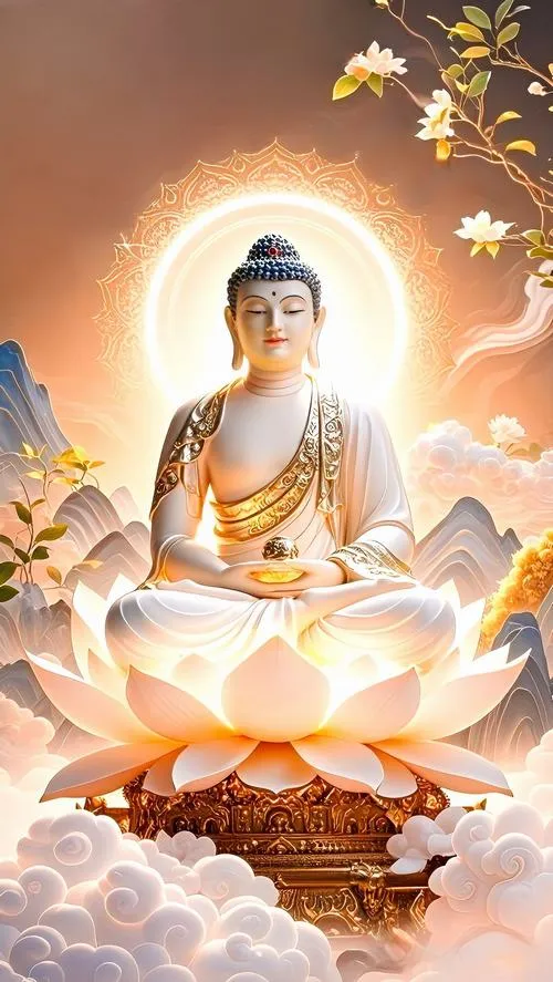 Dựng Phật A Di Đà với bàn tay hào quang và đài sen sáng