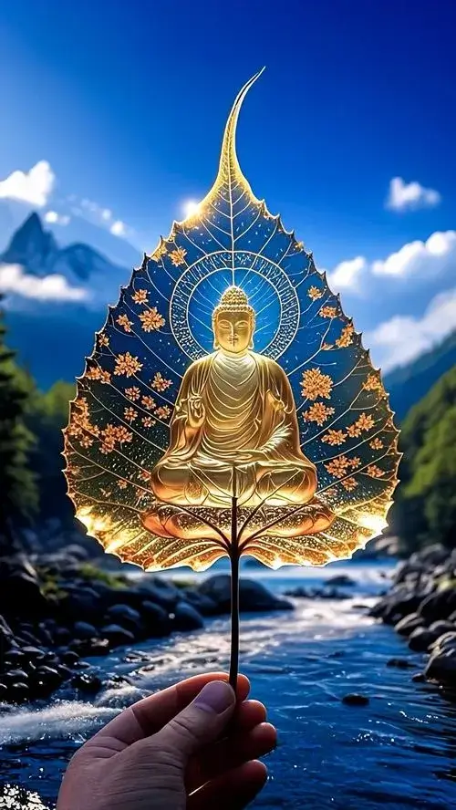 Tạo Phật Thích Ca ngồi thiền trên hoa sen với ánh sáng viền mềm sáng