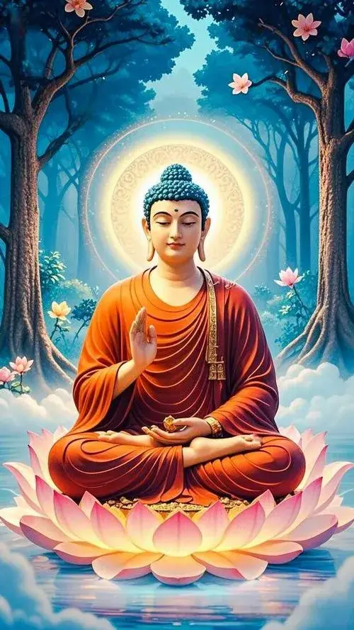 Vẽ Phật Thích Ca giữa mây nhẹ nền tối cùng hào quang rực nhẹ