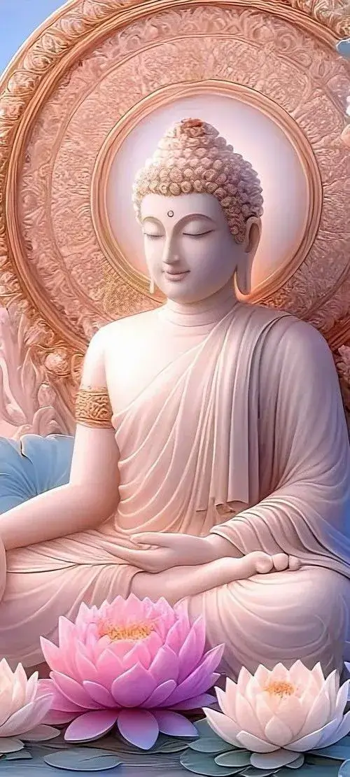 Dựng Phật A Di Đà đứng trên đài sen trong không gian thiền yên tĩnh