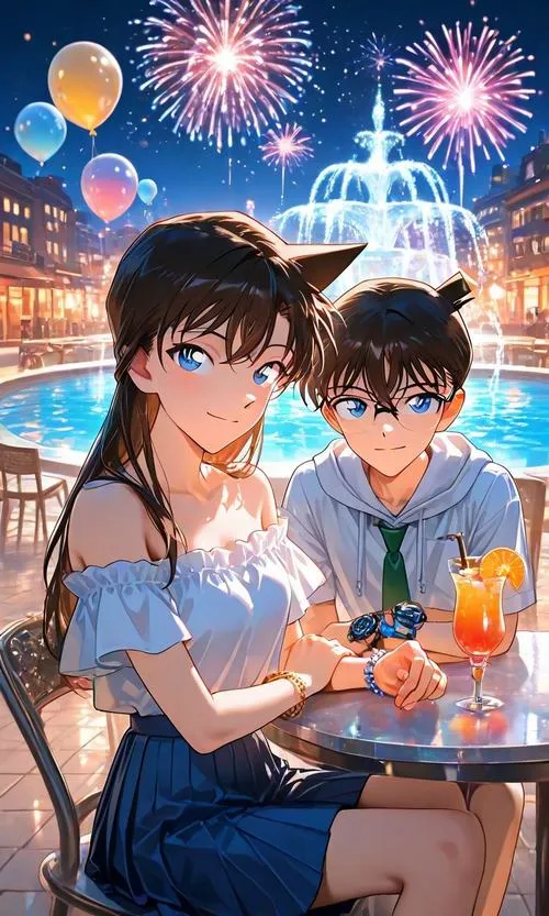 Shinichi và Ran ngồi cạnh nhau ngắm pháo hoa, ánh sáng tông ấm làm khung hình rất bình yên