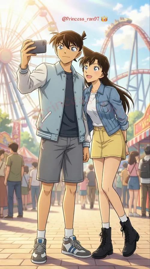 Shinichi và Ran đứng dưới mái che, gió thổi tóc bay, khung cảnh học đường tạo mood dễ thương