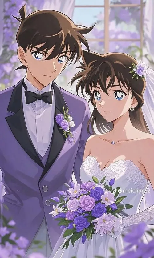 Fanart cưới với Shinichi vest tím, Ran cầm hoa, ánh sáng mềm gợi lời hứa lâu năm