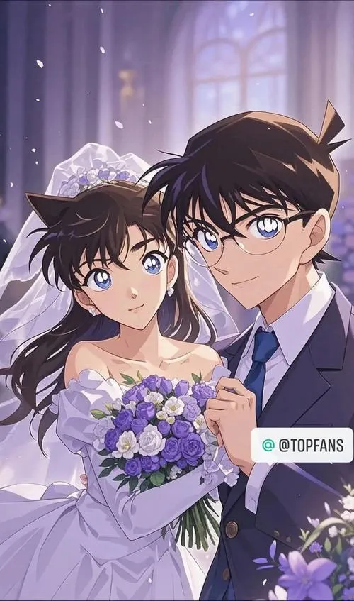 Shinichi và Ran tạo dáng cận mặt với bó hoa tím, tông lạnh sang, hợp làm hình nền