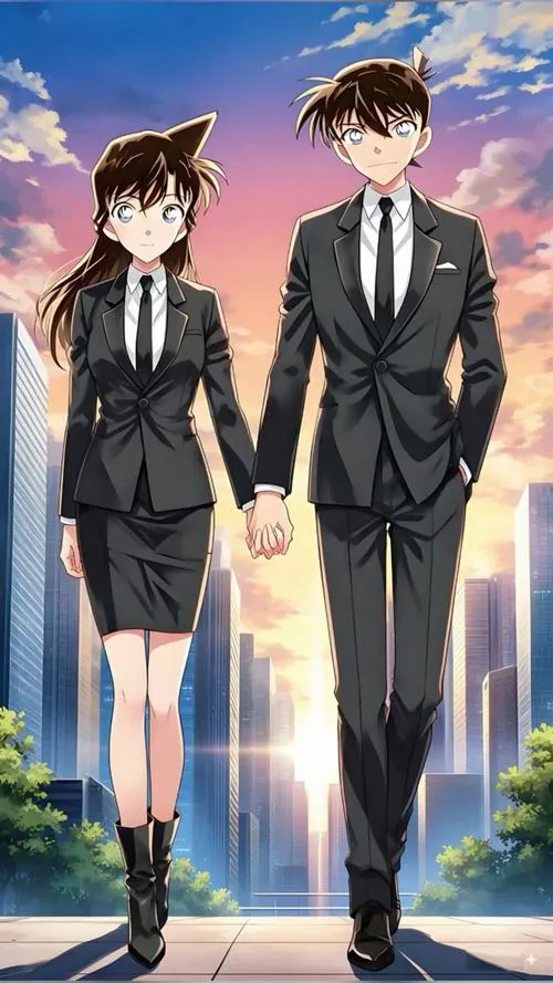 Shinichi và Ran mặc đồ đen như điều tra, bối cảnh lấp lánh, cảm giác mạnh mẽ nhưng vẫn tình cảm
