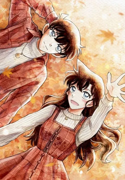 Fanart Ran tựa vai Shinichi giữa lá thu, nét cọ mềm, cảm giác nhớ nhung nhưng vẫn dịu dàng