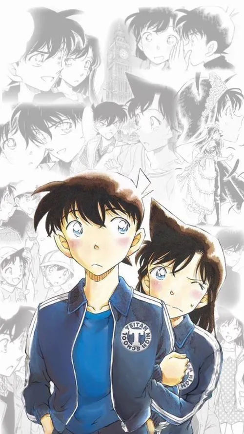 Tranh đen trắng tập trung ánh mắt, Shinichi nghiêm túc, Ran bên cạnh tạo cảm giác tin tưởng bền bỉ