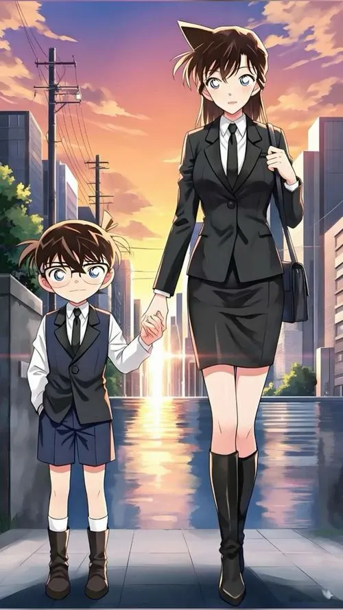 Ran bước trên đường lúc hoàng hôn, Shinichi đi cạnh, ánh sáng kéo dài tạo cảm giác chờ đợi