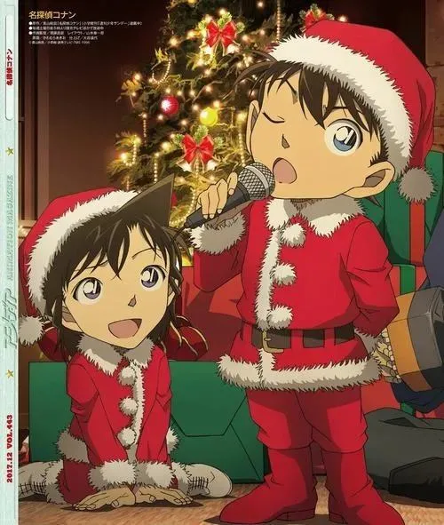 Conan và Ran mặc đồ Noel bên cây thông, màu đỏ xanh rực vừa đủ, không khí gia đình ấm