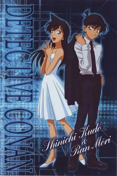 Tranh dọc phong cách tối giản, Ran váy xanh đứng cạnh Shinichi, nền chữ lớn gợi chất sưu tầm