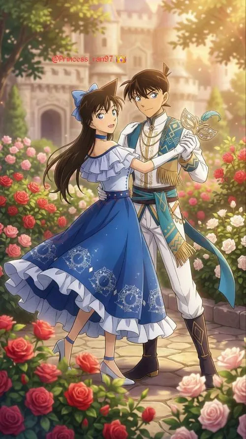 Hai người dạo trong vườn hoa, Ran váy xanh nổi bật, ánh mắt Shinichi kiểu che chở quen thuộc