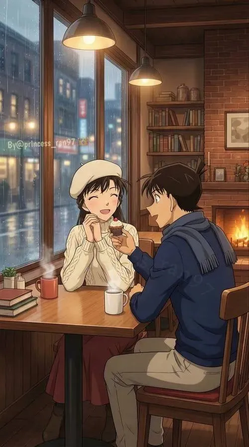 Cảnh quán cà phê ấm, Ran ngồi chờ, Shinichi đối diện, chi tiết nhỏ tạo cảm giác thân thuộc