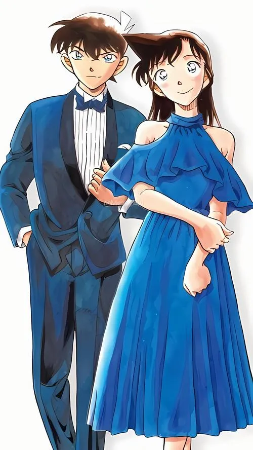 Shinichi mặc vest lịch sự, Ran váy xanh dài, đứng sát nhau, bố cục gọn hợp làm ảnh đôi