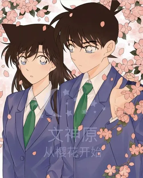 Fanart hoa anh đào rơi, Shinichi và Ran diện đồ chỉn chu, ánh mắt dịu tạo cảm giác yên ổn