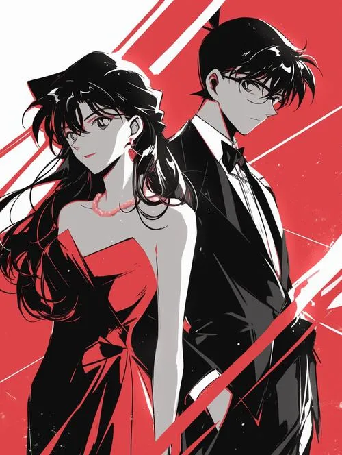 Phong cách noir đỏ đen, Shinichi và Ran đứng lưng nhau, vibe nguy hiểm của Tổ chức Áo Đen