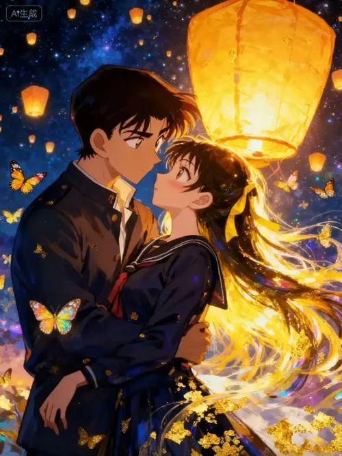 Hai người hôn nhau dưới đèn lồng, ánh vàng lấp lánh, khung hình điện ảnh như lễ hội Nhật