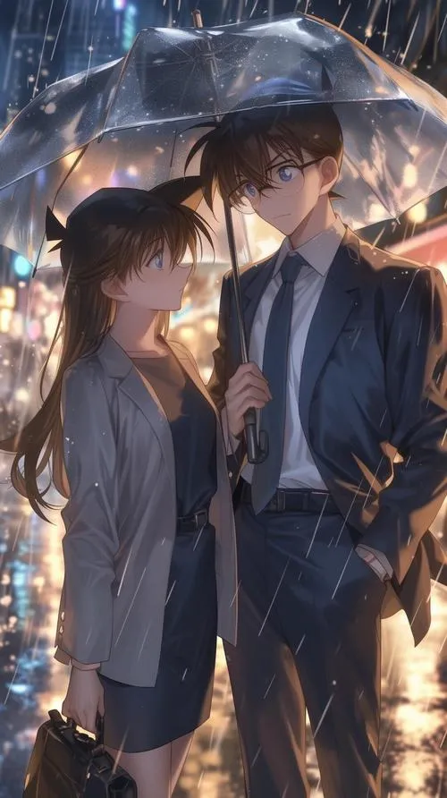 Cặp đôi đứng chung dưới ô trong mưa, phố đêm phản chiếu, tông lạnh dịu nhìn rất tình