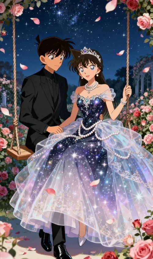 Shinichi và Ran diện đồ lộng lẫy dưới trời sao, bối cảnh lãng mạn, màu tím xanh rất điện ảnh