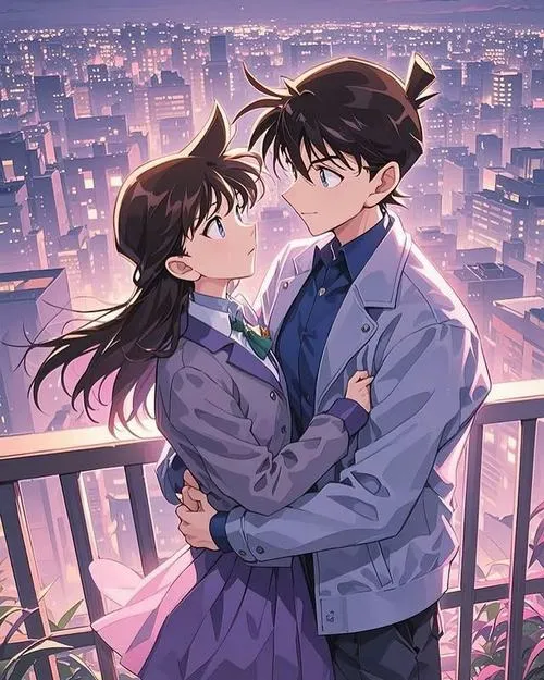 Shinichi ôm Ran trên ban công thành phố, ánh đèn phố đêm tạo cảm giác yêu xa bền bỉ