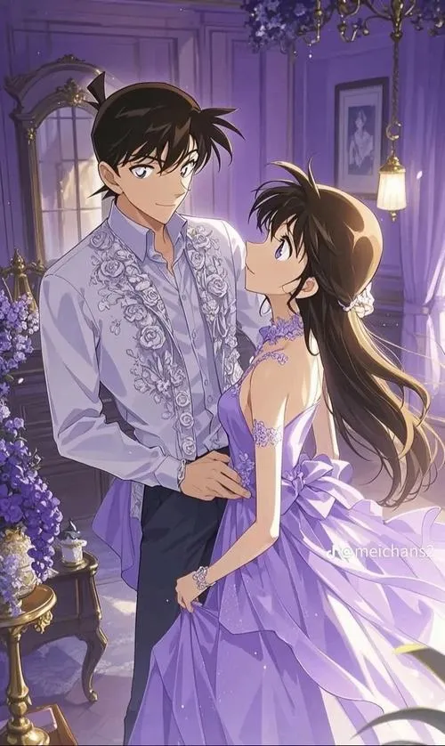 Ran váy tím đứng cạnh Shinichi, ánh sáng lạnh dịu, khung cảnh phố đêm Nhật Bản man mác