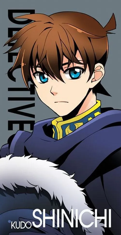 Avatar Shinichi cận mặt chạm tay lên môi, mắt xanh nổi bật, nền trắng, vibe im lặng quan sát.