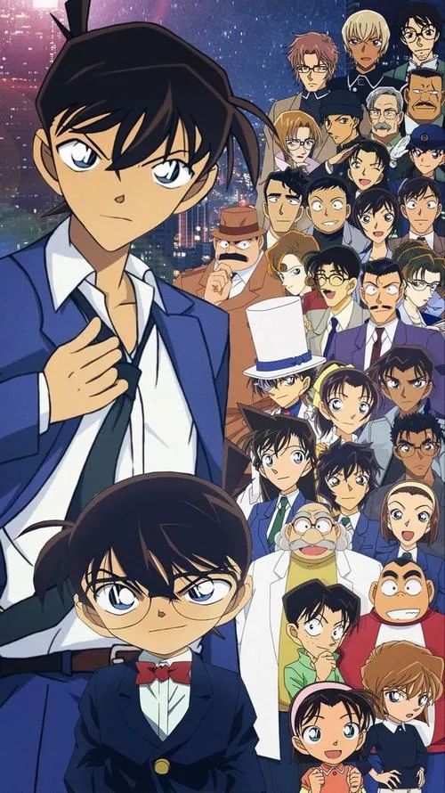 Hình anime ghép Shinichi và Conan, ánh mắt suy luận, tông xanh dương học đường, bố cục dày chi tiết.