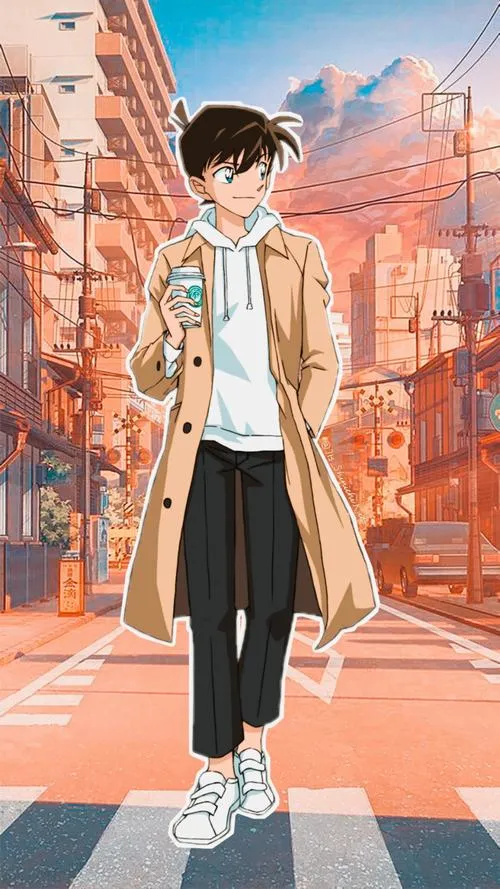 Tranh vẽ hai thám tử tuổi học trò, vest xanh, nền manh mối, hợp làm ảnh bìa gọn gàng.