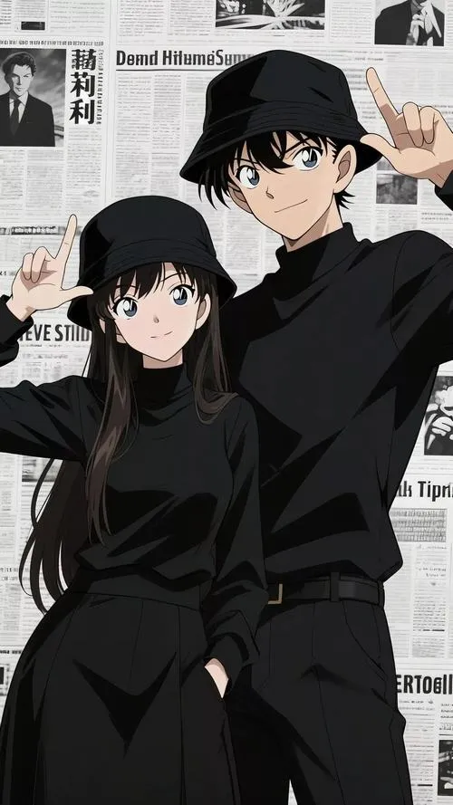 Hình anime Shinichi trong poster tông tím, đứng cạnh bạn học, vibe thanh xuân nhưng vẫn bí mật.